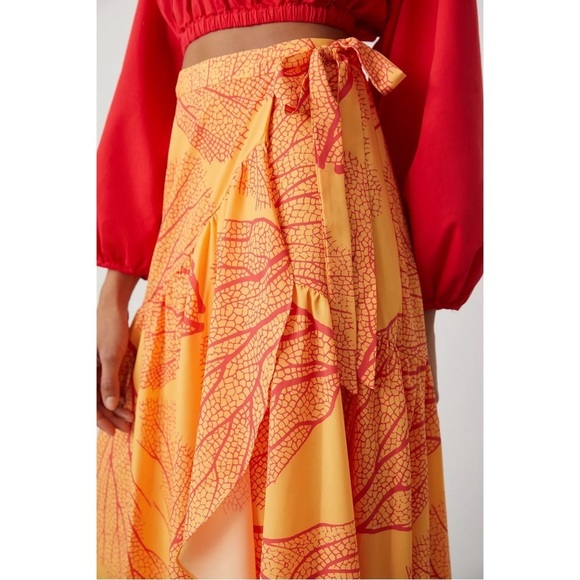 ANTHROPOLOGIE Hutch Leaf Printed Ruffle High Low Wrap Maxi Skirt Orange S NWT - Picture 2 of 8